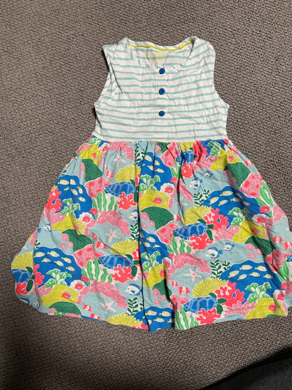 Mini Boden White and Light Turquoise Striped Girls Top with Blue Button